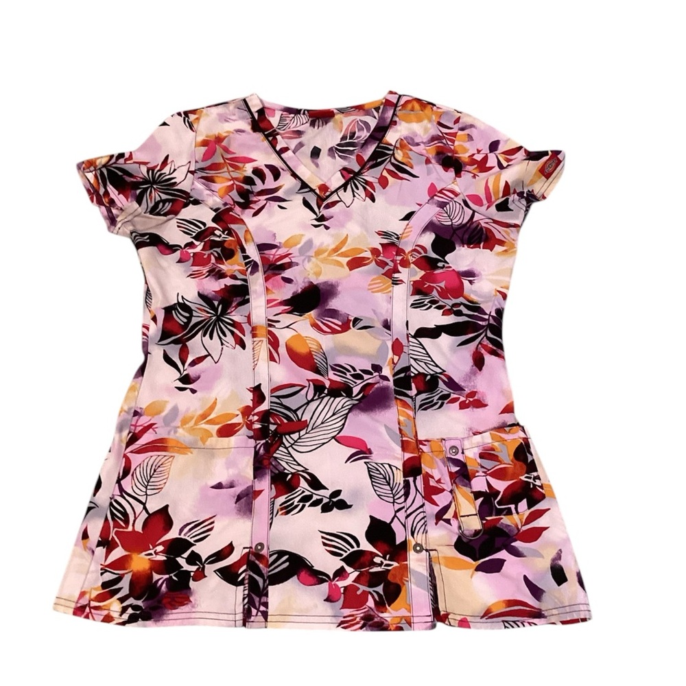 Dickies Womens XS V Neck Scrub Top Hawaiian Floral Pattern Workwear Purple Pink